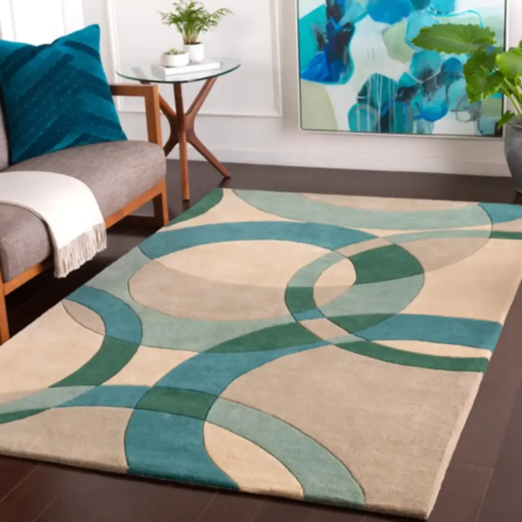 MODERN WHITE/GREEN HAND TUFTED RUG